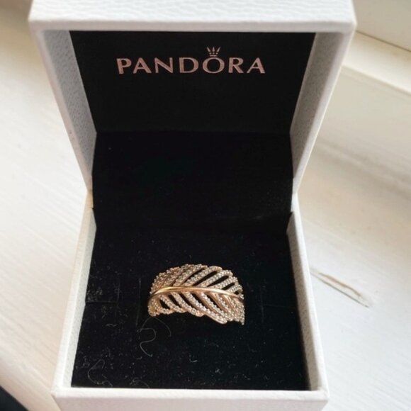 Pandora Rose Gold Shimmering Diamond Feather Ring Sz 8 - Picture 2 of 5